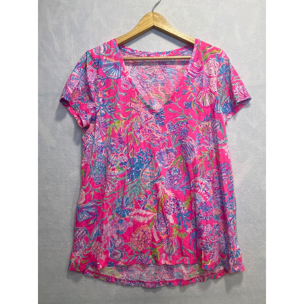 Lilly Pulitzer Pink Floral V Neck Short Sleeve‎ Tunic Top